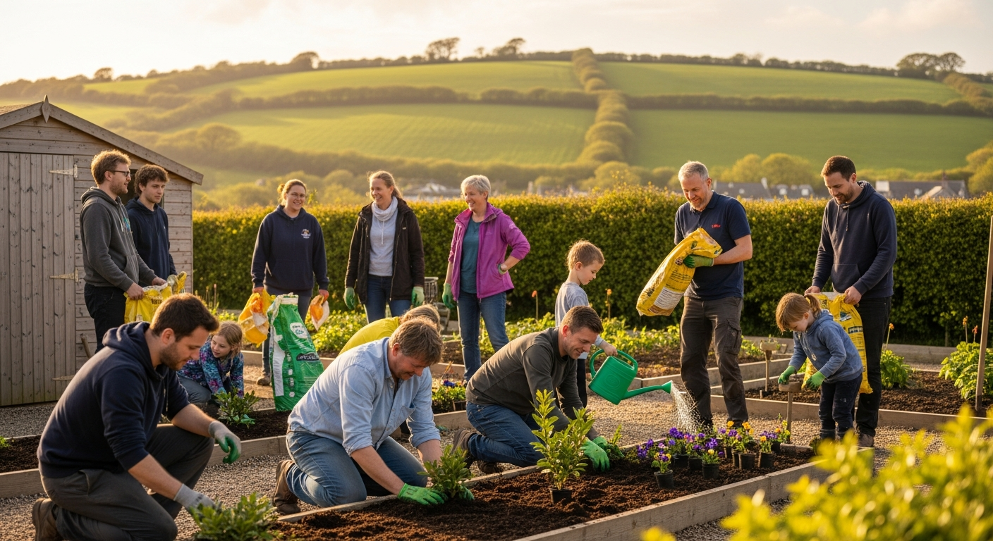 Volunteers working together on a community project in Devon, with rolling green hills in the background, representing the diverse rural community development work of Devon Communities Together