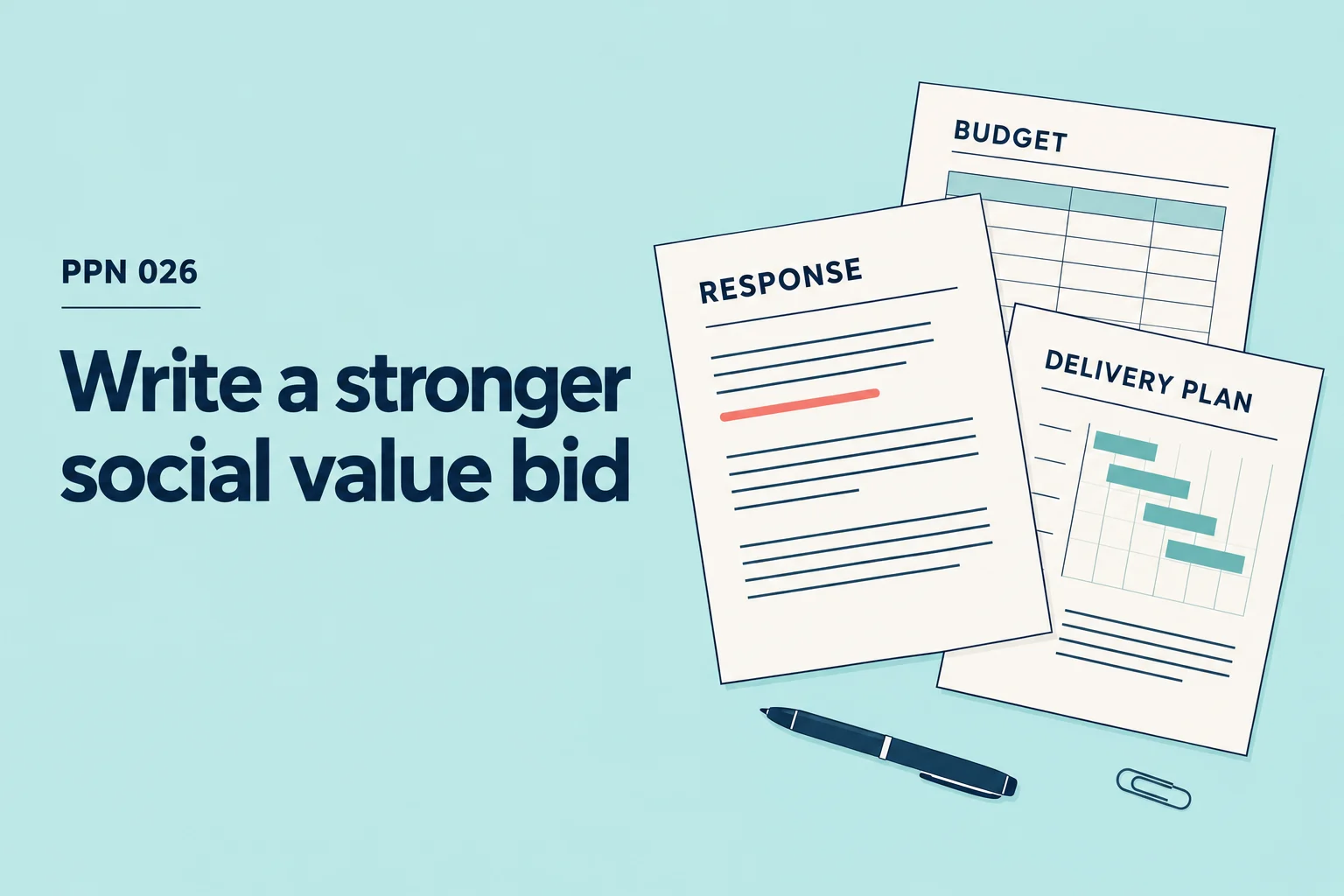PPN 026: Write a stronger social value bid, illustrated with a response document, budget, delivery plan and pen on a pale teal background
