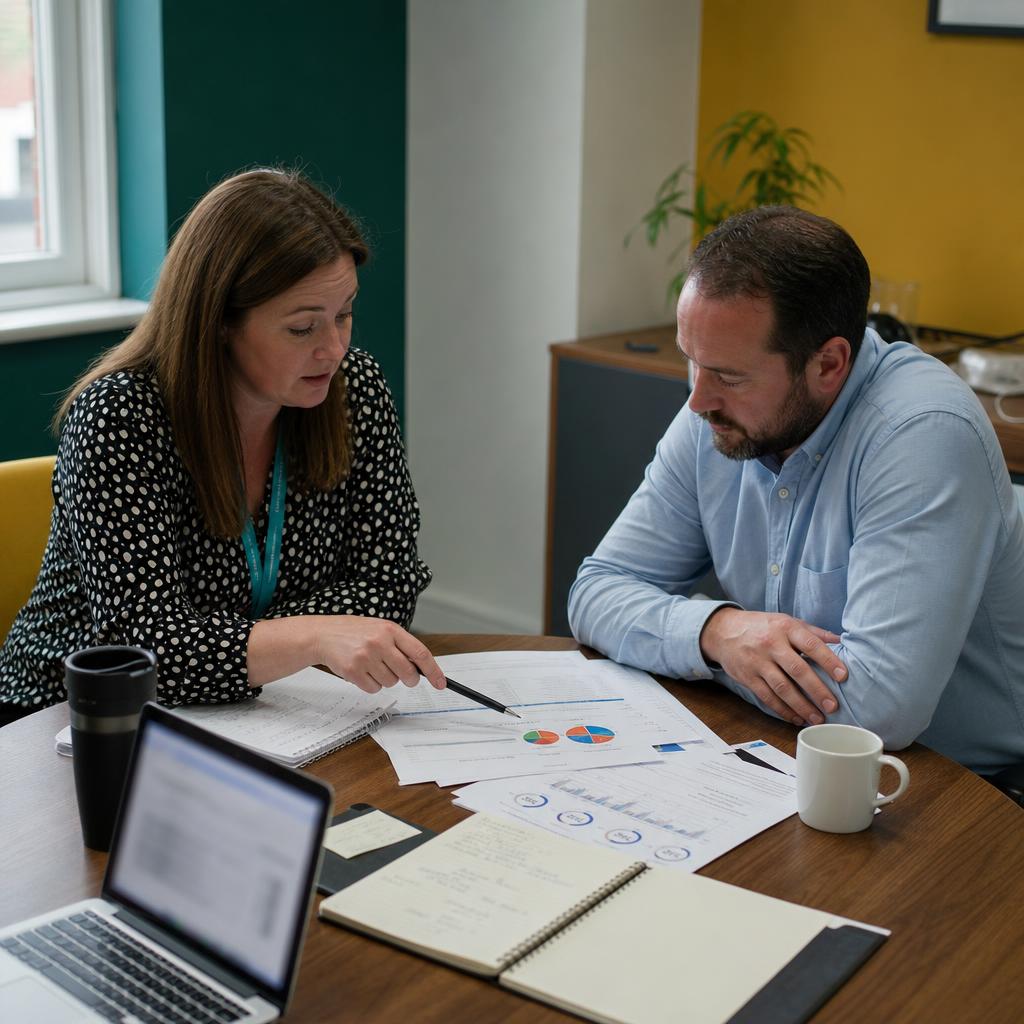 Two people reviewing social value KPI evidence sheets together in a naturally lit meeting room.