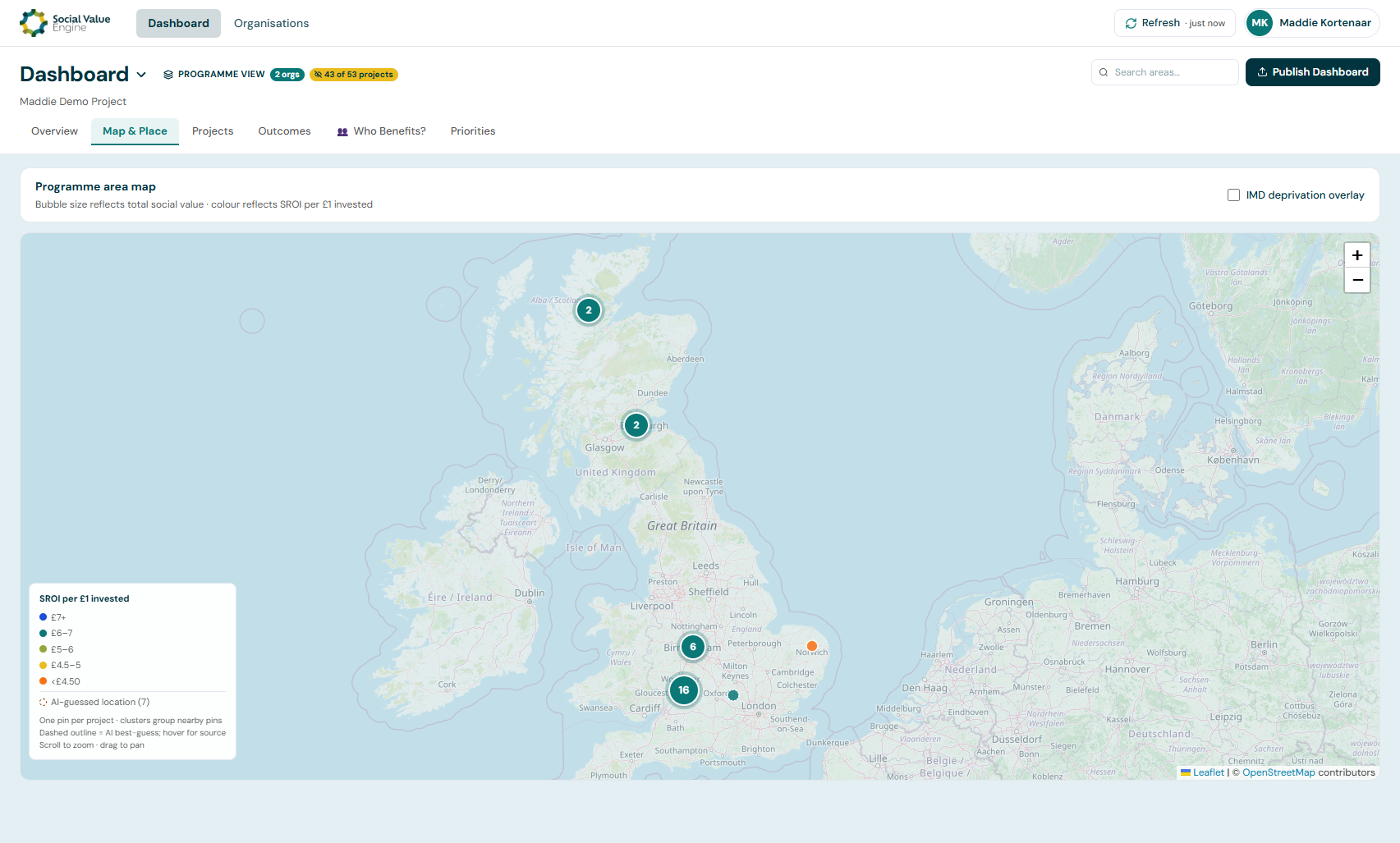 SVE Dashboard showing a programme area map with project pins across the UK
