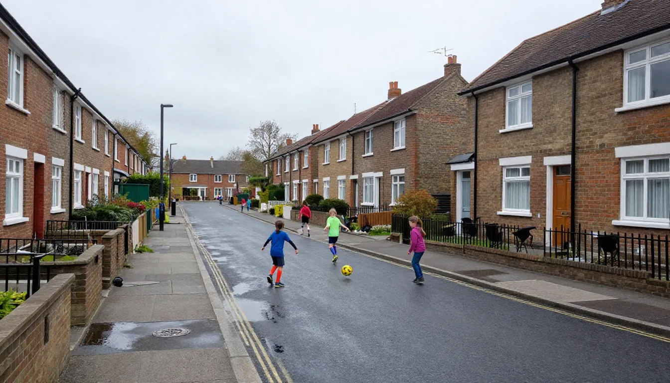 Children playing football in the road on a quiet street of brick terraced and semi-detached social housing in England, with low front-garden walls and parked cars, illustrating the communities affected by housing association procurement