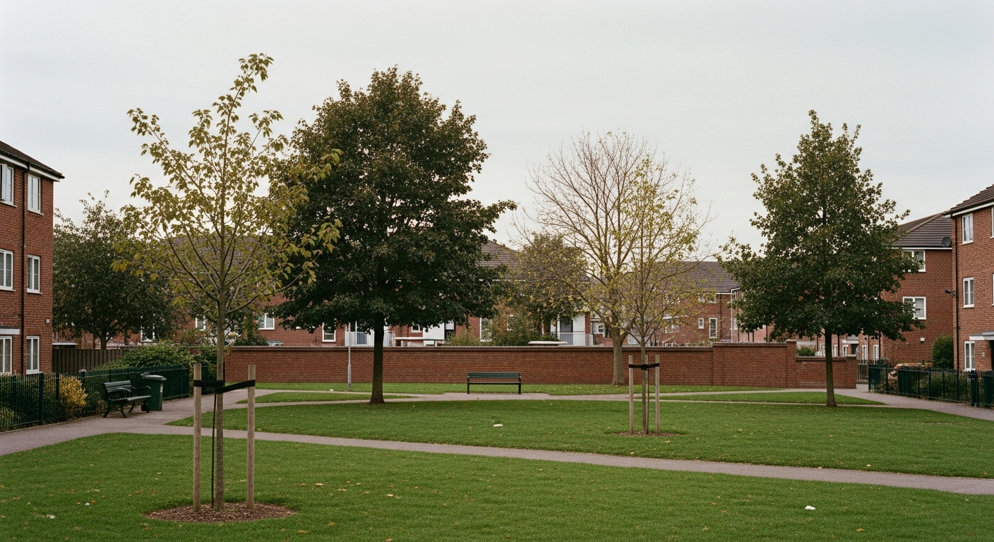 A quiet community green space within a UK social housing neighbourhood, with young trees, park benches and brick residential buildings at the edges, illustrating the place-based communities where housing associations deliver social value programmes
